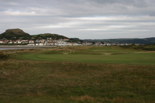 The ninth and third greens at Conwy Golf Club, Conwy, North Wales.