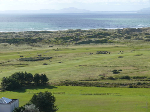 Royal St. David's Golf Club, viewed from Harlech Castle, on Tremadog Bay, of the Irish Sea, in North Wales.