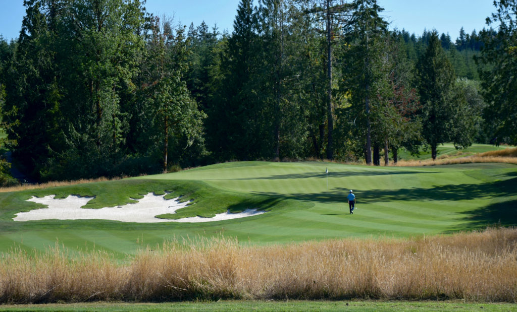 Head golf professional David Kass approaches the green at the par 3 No. 6 hole at Salish Cliffs Golf Course.