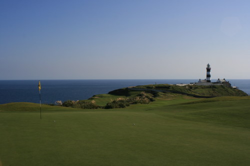 Looking back down the fifth fairway at Old Head Golf Links, with the third green beyond.