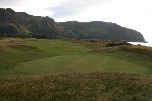 The seventh green and fairway at Conwy Golf Club, Conwy, Wales.