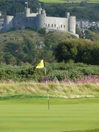 The fifth green at Royal St. David's Golf Club, overlooked by Harlech Castle, in North Wales.