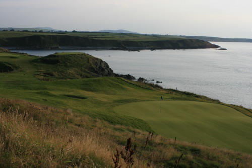 The 12th hole, third on the Old Course nine, is a 157-yard par three from an elevated tee (center left) at Nefyn & District Golf Club in North Wales.