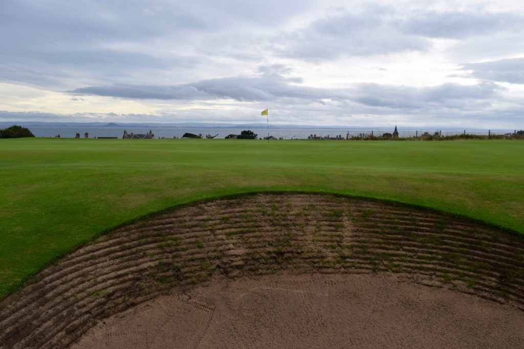 The second green at The Golf House Club, Elie Links, looks out toward the Firth of Forth.