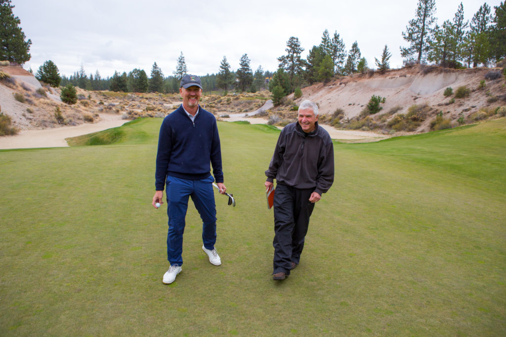 Golf course architect David McLay Kidd with Ron Bellamy at Tetherow Golf Club's “Quarry Hole." (Carl Davaz)